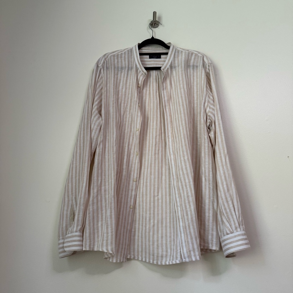 Nove 11 Milano Linen Cotton Beige Stripe Long Sleeve Mandarin Collar Shirt, L